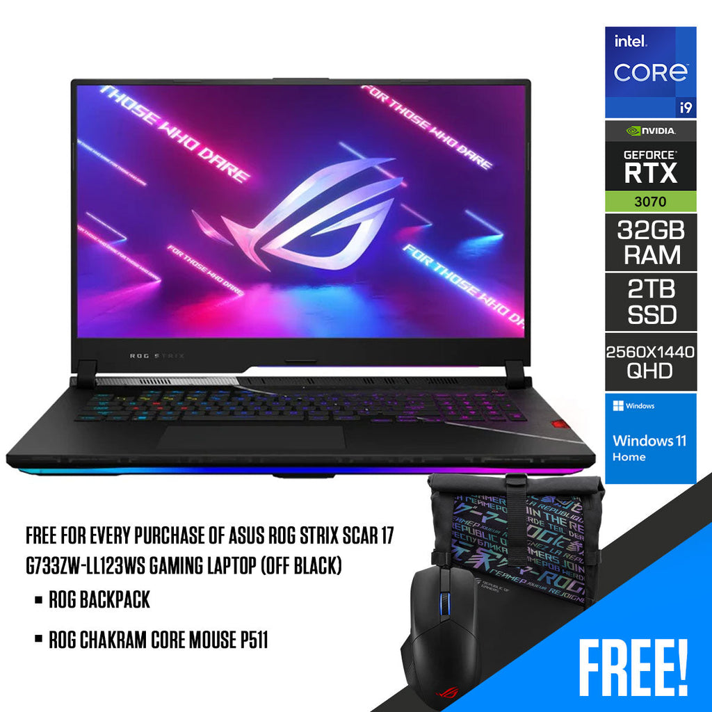 Asus ROG Strix Scar 17 G733ZW-LL123WS Gaming Laptop (Off Black) | 17.3" QHD (2560 x 1440) | Core i9 12900H | 32GB RAM | 2TB SSD | RTX 3070 Ti | Windows 11 Home | ROG Backpack | ROG Chakram Core Mouse P511