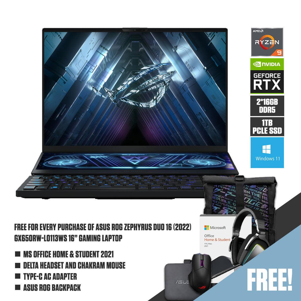 ASUS ROG Zephyrus Duo 16 (2022) GX650RW-LO113WS Gaming Laptop | 16" QHD+ | Ryzen 9 6900HX | 32GB RAM DDR5 | 1TB M.2 SSD | RTX 3070 Ti | Windows 11 Home | ROG Backpack | Delta Headset | Chakram Mouse | Type-C AC Adapter