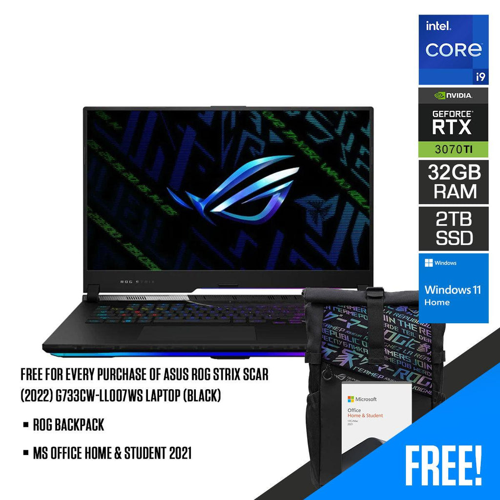 Asus ROG Strix Scar (2022) G733CW-LL007WS Laptop (Black) | 17" WQHD | i9-12950HX | 32GB RAM | 2TB M.2 SSD | RTX 3070 Ti | Windows 11 Home | MS Office Home & Student 2021 | ROG Backpack