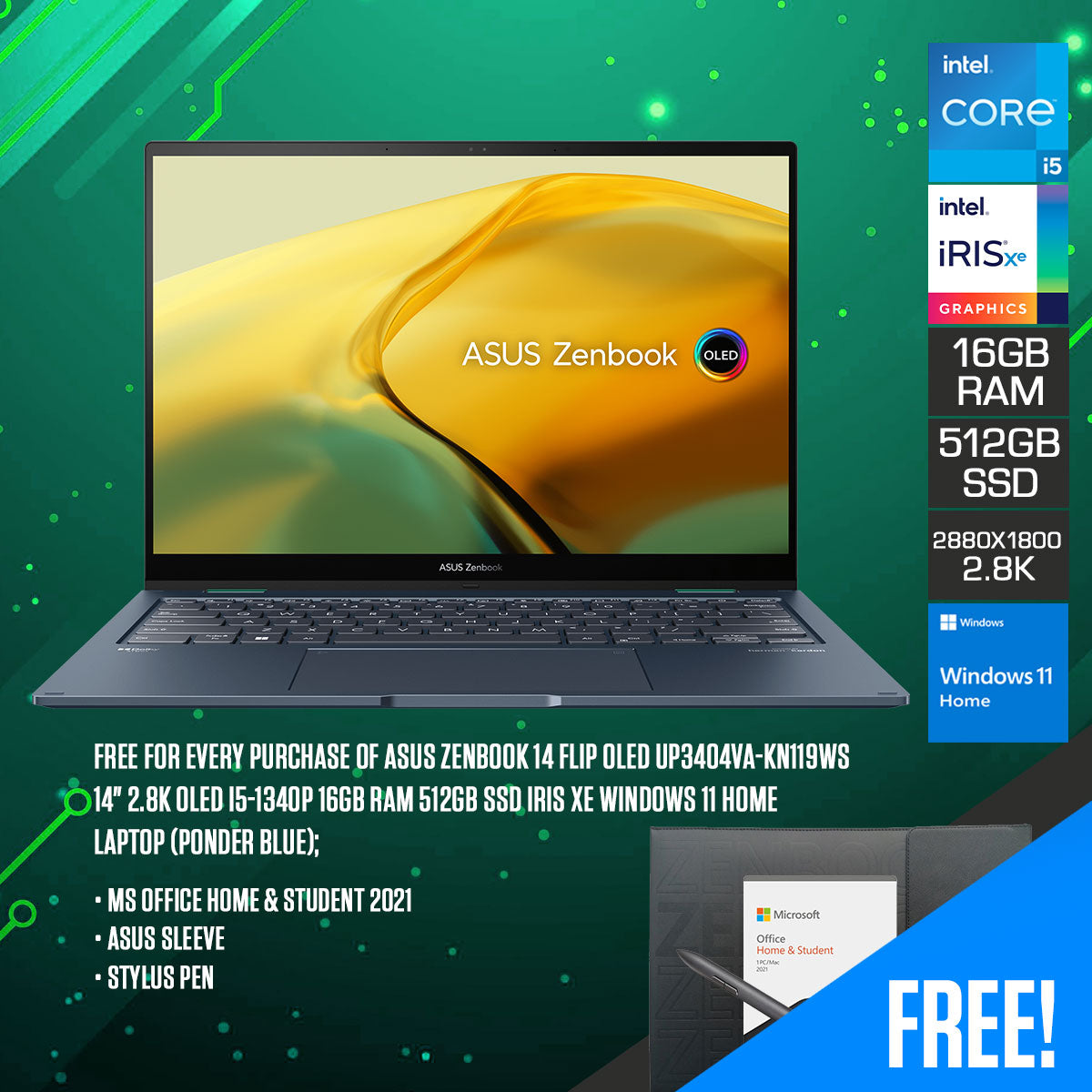 Ponder Blue Asus Zenbook 14 Flip laptop shown open with stylus pen and sleeve