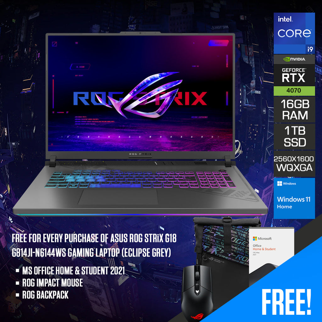 Asus ROG Strix G18 G814JI-N6144WS Gaming Laptop (Eclipse Grey) | 18" QHD+ 240Hz WQXGA (2560x1600) | i9-13980HX | 16GB RAM | 1TB SSD | RTX™ 4070 | Windows 11 Home | ROG Impact Mouse | ROG Backpack | Microsoft Office
