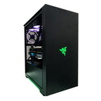 Ultra Razer Tomahawk gaming desktop in a black mid-tower case with green Razer logo, visible RGB fans, GeForce RTX 4080, 32GB RAM, 1TB SSD, 1TB HDD, and Windows 11 Home callouts