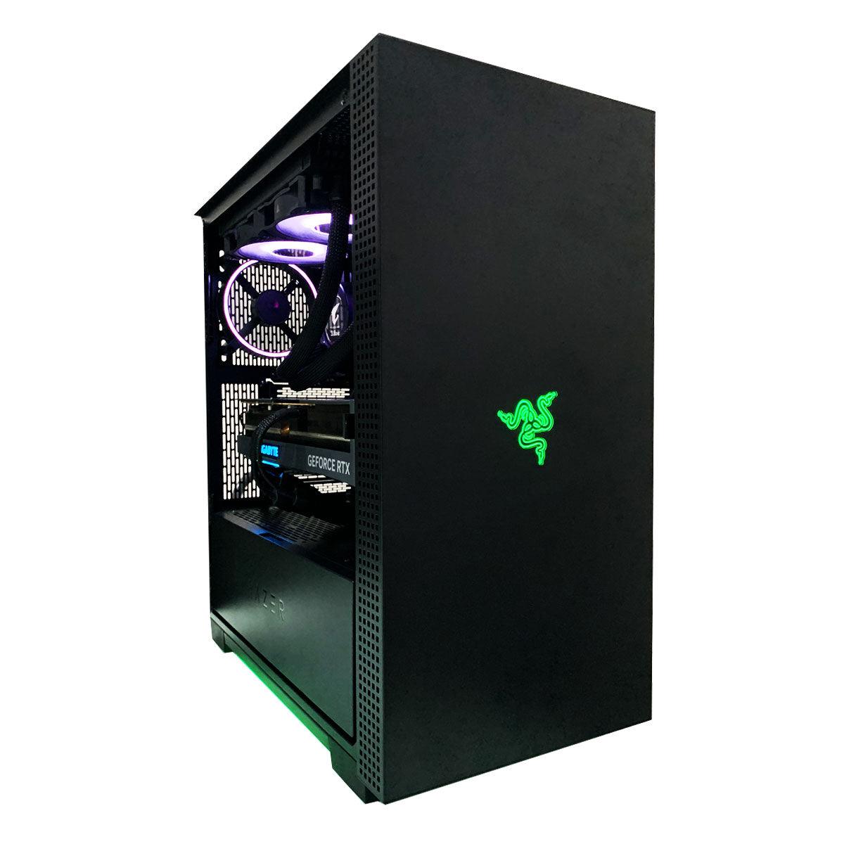 Ultra Razer Tomahawk gaming desktop in a black mid-tower case with green Razer logo, visible RGB fans, GeForce RTX 4080, 32GB RAM, 1TB SSD, 1TB HDD, and Windows 11 Home callouts