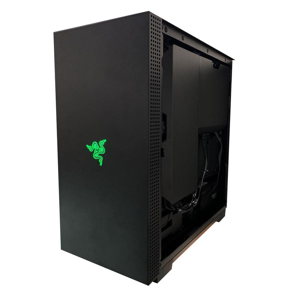 Ultra Razer Tomahawk gaming desktop in a black mid-tower case with green Razer logo, visible RGB fans, GeForce RTX 4080, 32GB RAM, 1TB SSD, 1TB HDD, and Windows 11 Home callouts