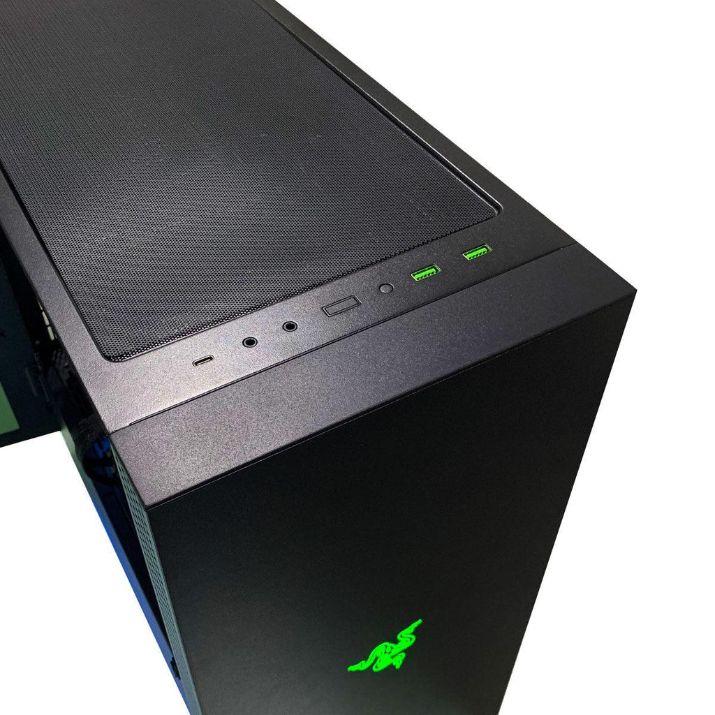 Ultra Razer Tomahawk gaming desktop in a black mid-tower case with green Razer logo, visible RGB fans, GeForce RTX 4080, 32GB RAM, 1TB SSD, 1TB HDD, and Windows 11 Home callouts