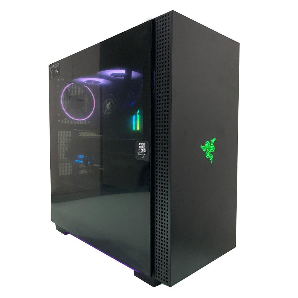 Ultra Razer Tomahawk gaming desktop in a black mid-tower case with green Razer logo, visible RGB fans, GeForce RTX 4080, 32GB RAM, 1TB SSD, 1TB HDD, and Windows 11 Home callouts