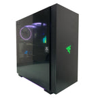 Ultra Razer Tomahawk gaming desktop in a black mid-tower case with green Razer logo, visible RGB fans, GeForce RTX 4080, 32GB RAM, 1TB SSD, 1TB HDD, and Windows 11 Home callouts