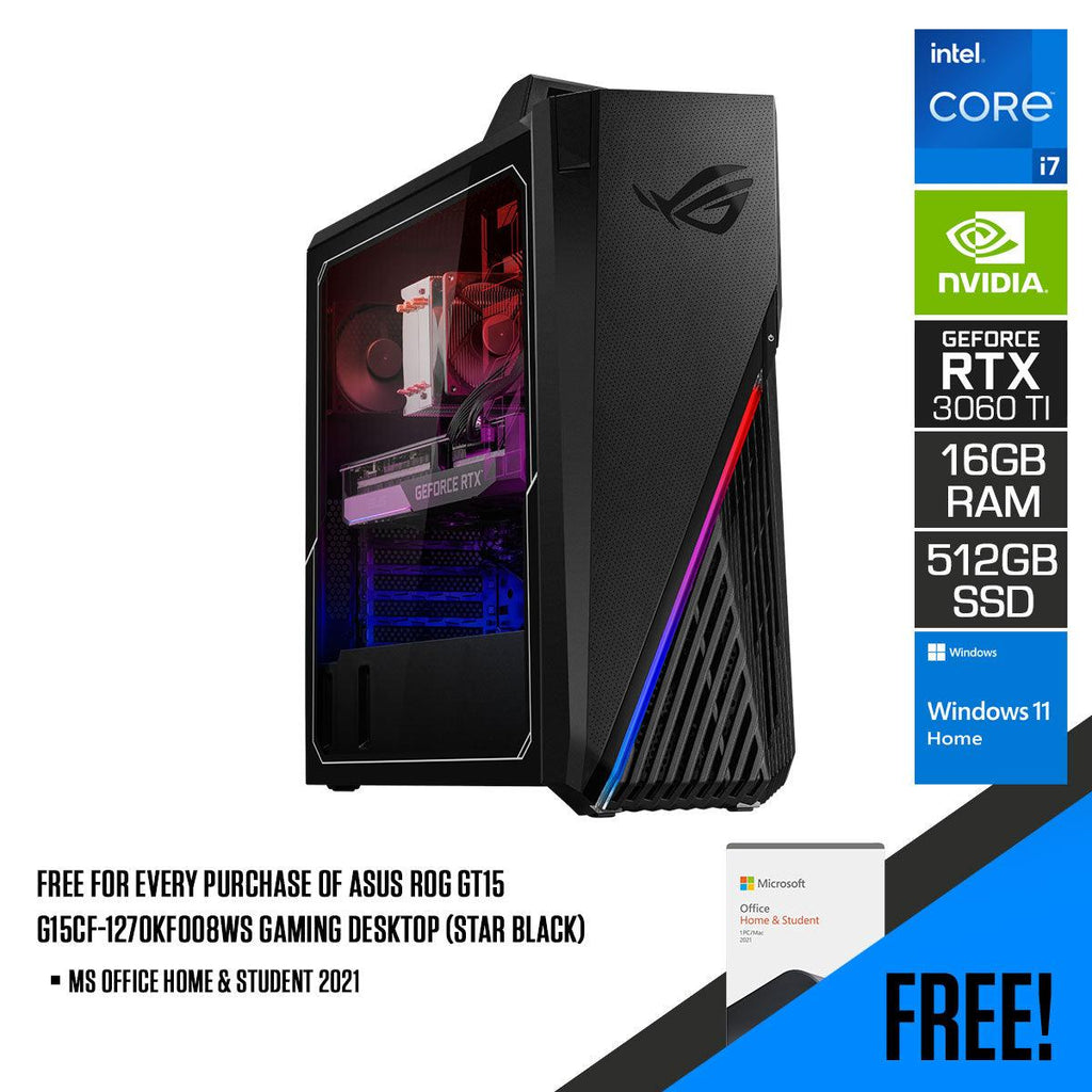 Asus ROG G15CF-1270KF007WS Gaming Desktop (Star Black) | i7-12700KF | 16 GB RAM DDR4 | 512 GB SSD | RTX3060Ti | Windows 11 Home | MS Office Home & Student 2021