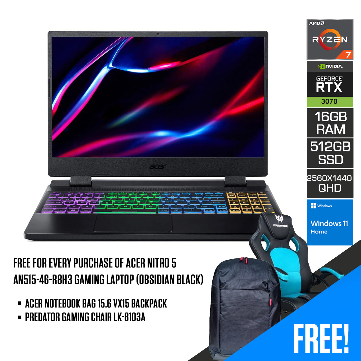 Acer Nitro 5 AN515-46 Gaming Bundle | Ryzen 7 6800H | RTX 3070 8GB | 16GB DDR5 | 512GB SSD | QHD 165Hz | G-SYNC | Wi-Fi 6E + HDD Kit