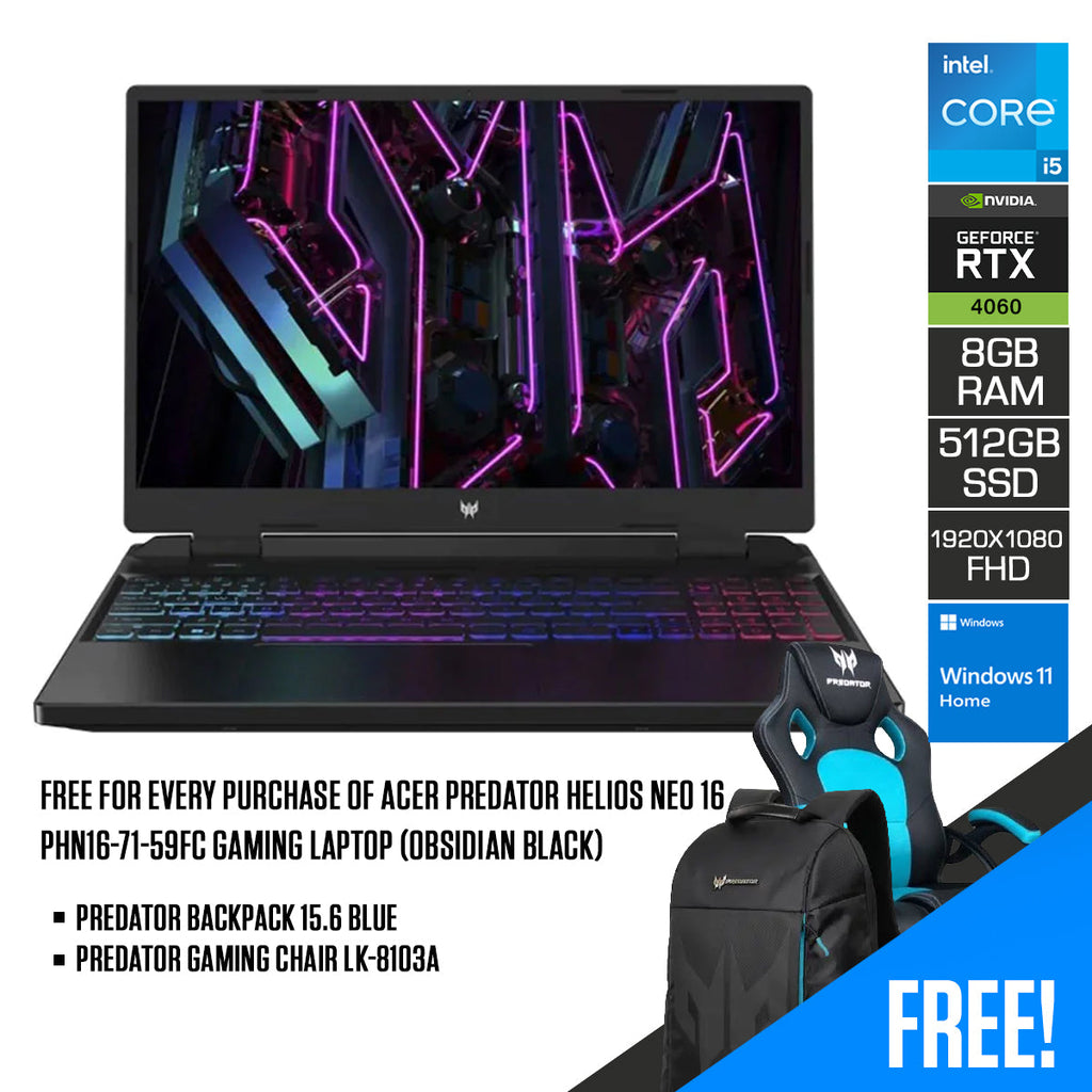 Acer Predator Helios Neo 16 PHN16-71-59FC Gaming Laptop (Obsidian Black) | 16” FHD (1920 x1080) 165Hz | i5-13500HX | 8GB RAM | 512GB SSD | RTX 4060 | Windows 11 Home | Predator Backpack | Predator Gaming Chair LK-8103A