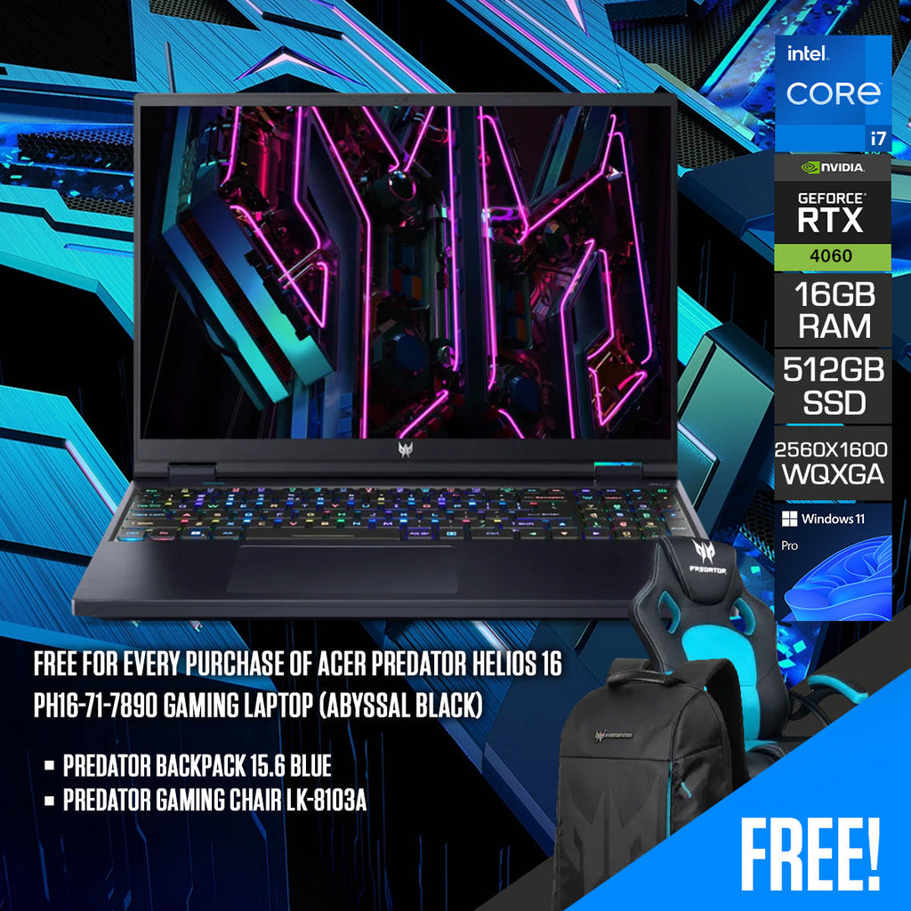 Acer Predator Helios 16 PH16-71-7890 Gaming Laptop (Abyssal Black) | 16” WQXGA (2560 x 1600) 240Hz | i7 13700HX | 16GB RAM | 512GB SSD | RTX 4060 | Windows 11 Pro | Predator Backpack | Predator Gaming Chair LK-8103A
