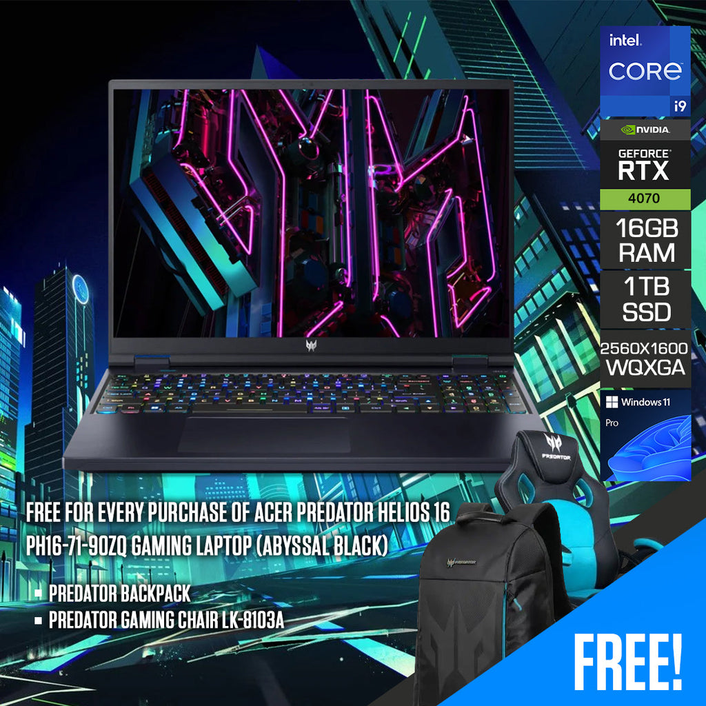 Acer Predator Helios 16 PH16-71-90ZQ Gaming Laptop (Abyssal Black) | 16” WQXGA (2560 x 1600) 240Hz | i9 13900HX | 16GB RAM | 1TB SSD | RTX 4070 | Windows 11 Pro | Predator Backpack | Predator Gaming Chair LK-8103A