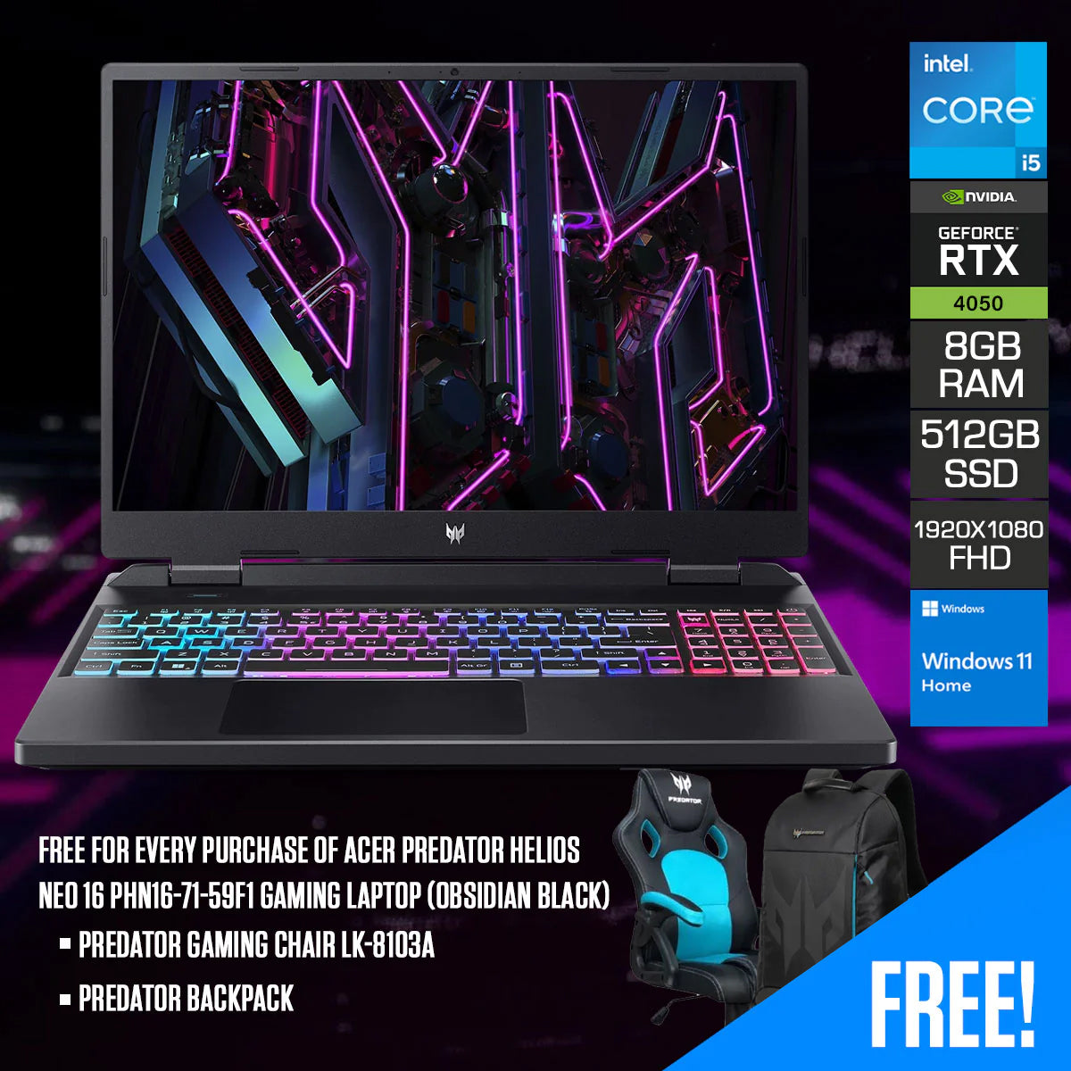 Acer Predator Helios Neo 16 PHN16-71-59F1 Gaming Laptop (Obsidian Black) | 16” FHD (1920x1080) 165Hz | i5 13500HX | 8GB RAM | 512GB SSD | RTX 4050 | Windows 11 Home | Predator Backpack | Predator Gaming Chair LK-8103A