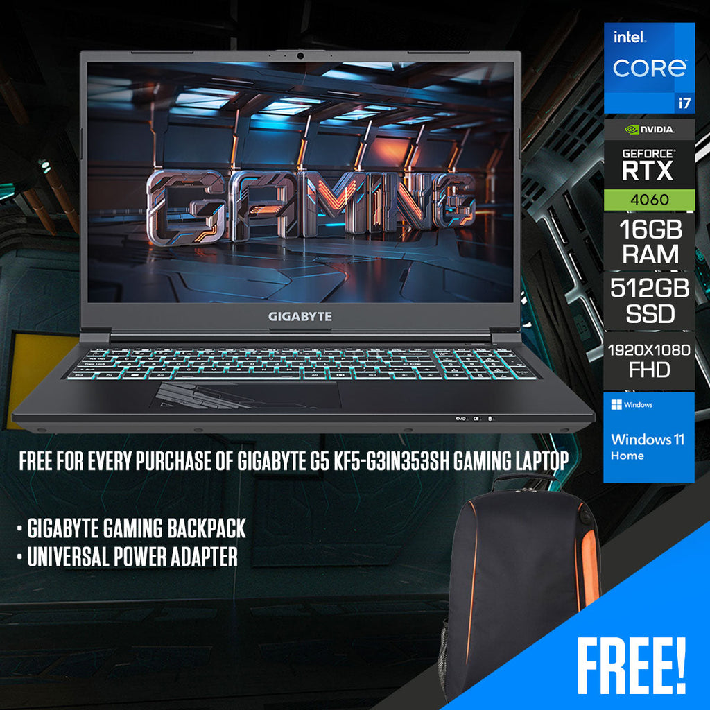 Gigabyte G5 KF5-G3IN353SH 15.6-inch FHD 144Hz gaming laptop bundle with Gigabyte gaming backpack and universal power adapter, Intel Core i7 and RTX 4060