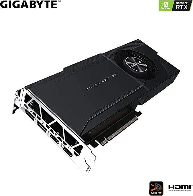 Side profile of Gigabyte RTX 3090 Turbo 24G graphics card emphasizing GPU thickness