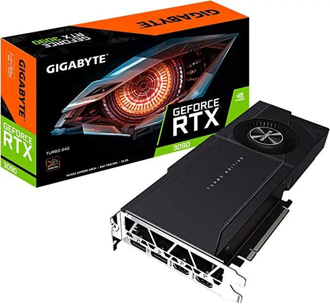 Complete Gigabyte RTX 3090 Turbo 24G GPU angled view highlighting overall design and ports