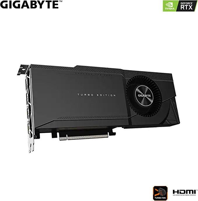Side profile of Gigabyte RTX 3090 Turbo 24G GPU with visible branding and cooling vents