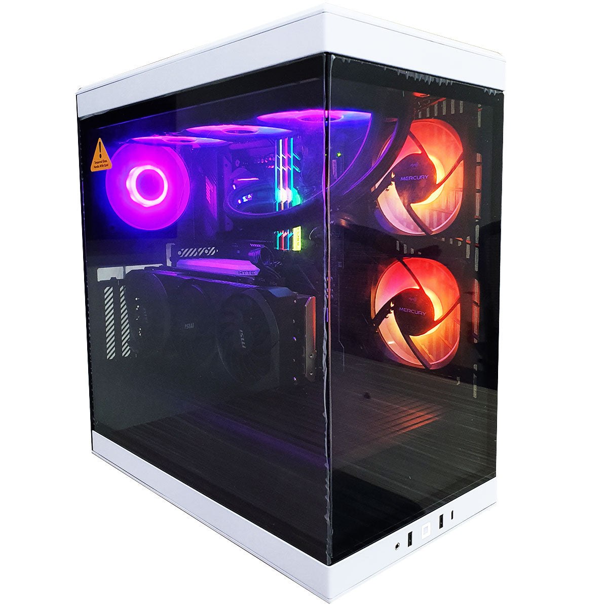 Optima Y40 RGB lighting and power button on black gaming computer chassis