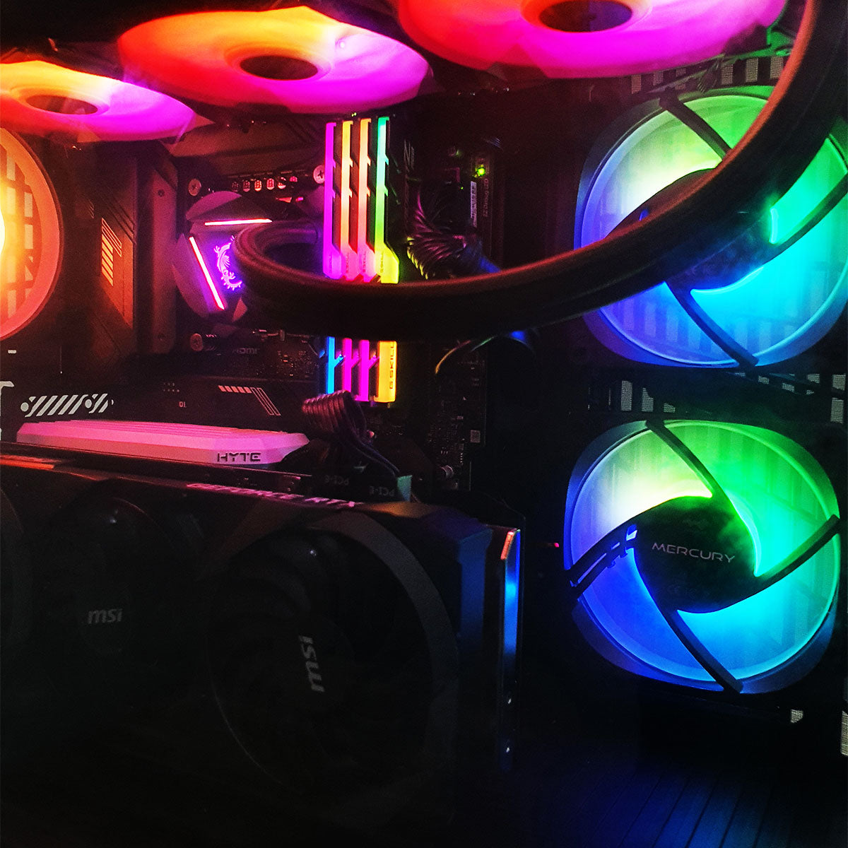 Optima Y40 Gaming Desktop side panel with visible RTX 3080 GPU and cooling system