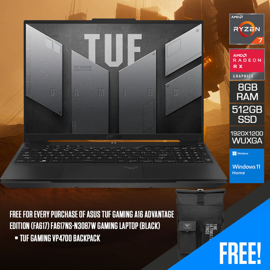 Asus TUF Gaming A16 Advantage Edition (FA617) FA617NS-N3087W Gaming Laptop (Black) | 16" WUXGA | Ryzen 7 7735HS | 8GB RAM | 512GB SSD | Radeon RX 7600S | Windows 11 Home | TUF Gaming VP4700 Backpack
