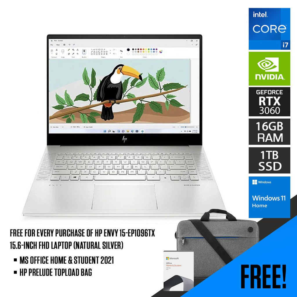 HP Envy 15-EP1096TX Laptop (Natural Silver) | 15.6-"  FHD | i7-11800H | 16 GB DDR4 | 1 TB SSD | RTX™ 3060 | Windows 11 Home | MS Office Home & Student 2021 | HP Prelude 15.6”  Topload Bag