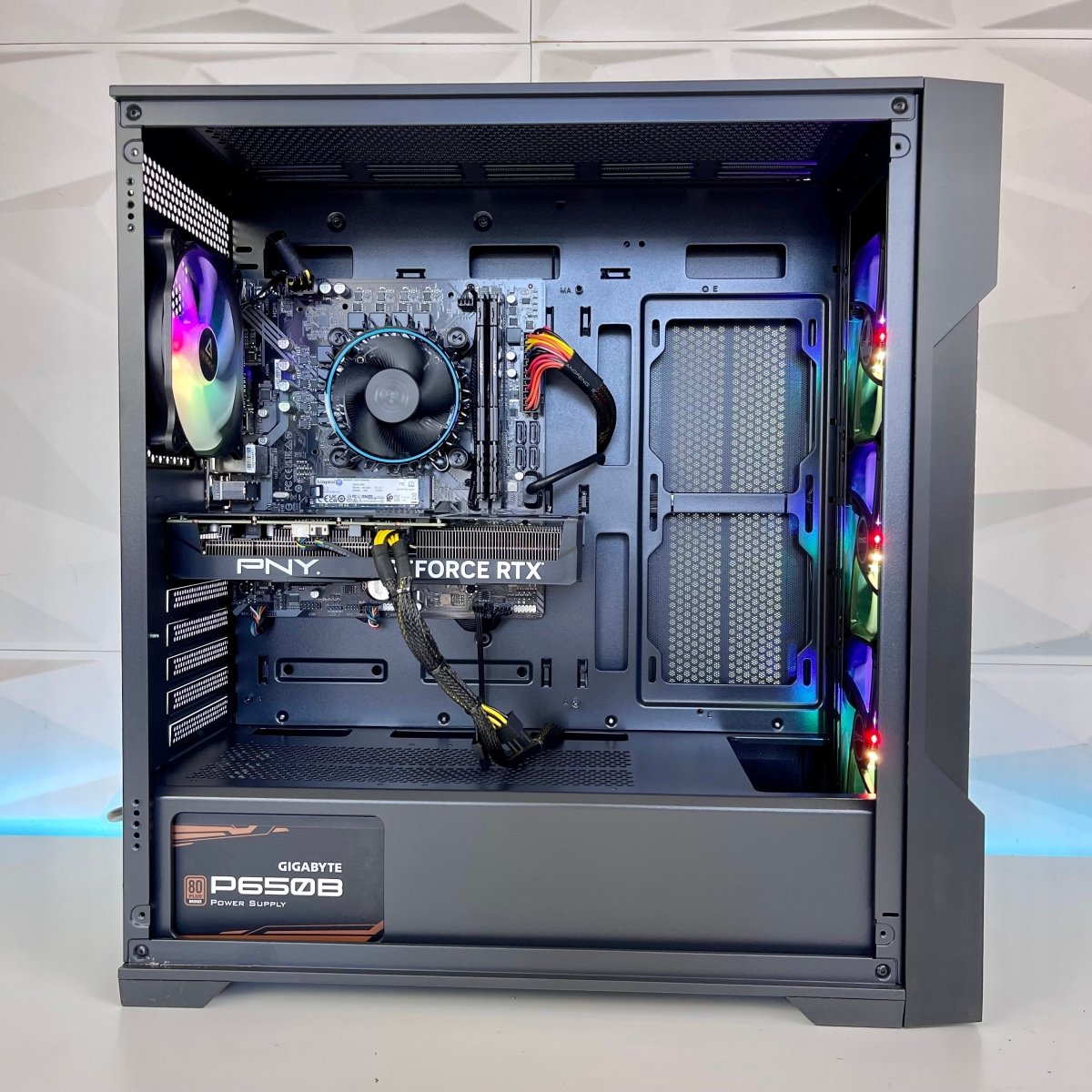 Ryvenit prebuilt gaming desktop side angle showing RTX 4060 graphics card