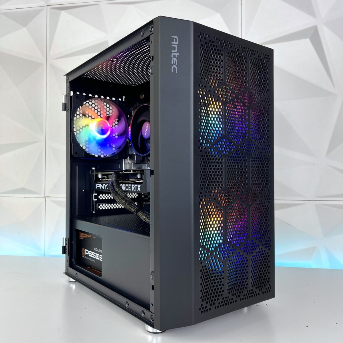 Dark Phantom NX200M gaming PC with Ryzen 5 5600 and RTX 4070 Super illuminated interior view