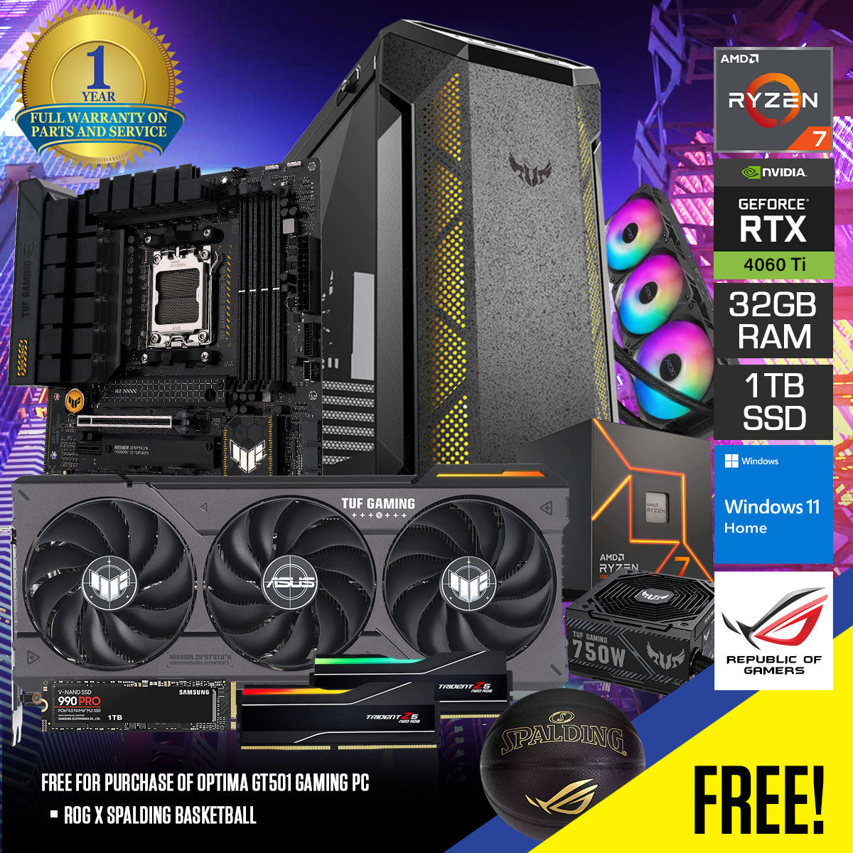 GT501 Prebuilt Gaming Desktop PC — Ryzen 7 7700, RTX 4060 Ti, 32GB RAM, Windows 11