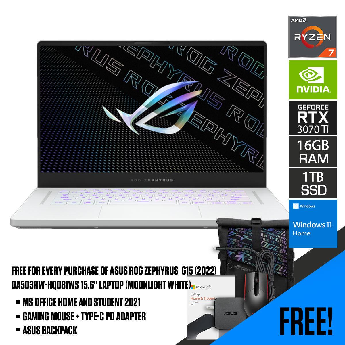 Asus ROG Zephyrus G15 (2022) GA503RW-HQ081WS Laptop (Moonlight White) | 15.6" WQHD | Ryzen™ 7 6800HS | 16GB DDR5 RAM | 1TB M.2 SSD | RTX 3070 Ti | Windows 11 Home | MS Office H&S 2021 | Gaming Mouse | Backpack | Type-C PD Adapter