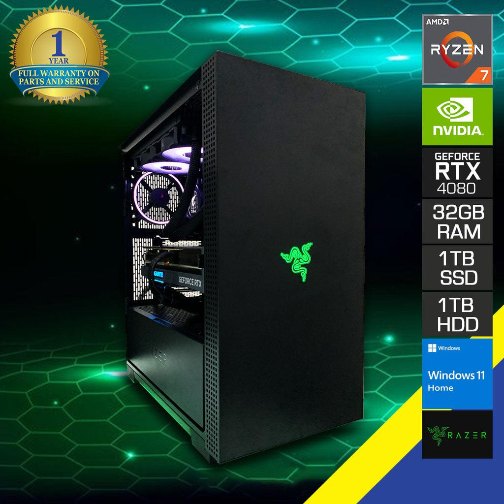 Ultra Razer Tomahawk prebuilt gaming desktop hero image showing black mid-tower case, green illuminated Razer logo, tempered-glass side, internal RGB lighting, and spec callouts for Ryzen 7, RTX 4080, 32GB RAM, dual storage, and Windows 11 Home