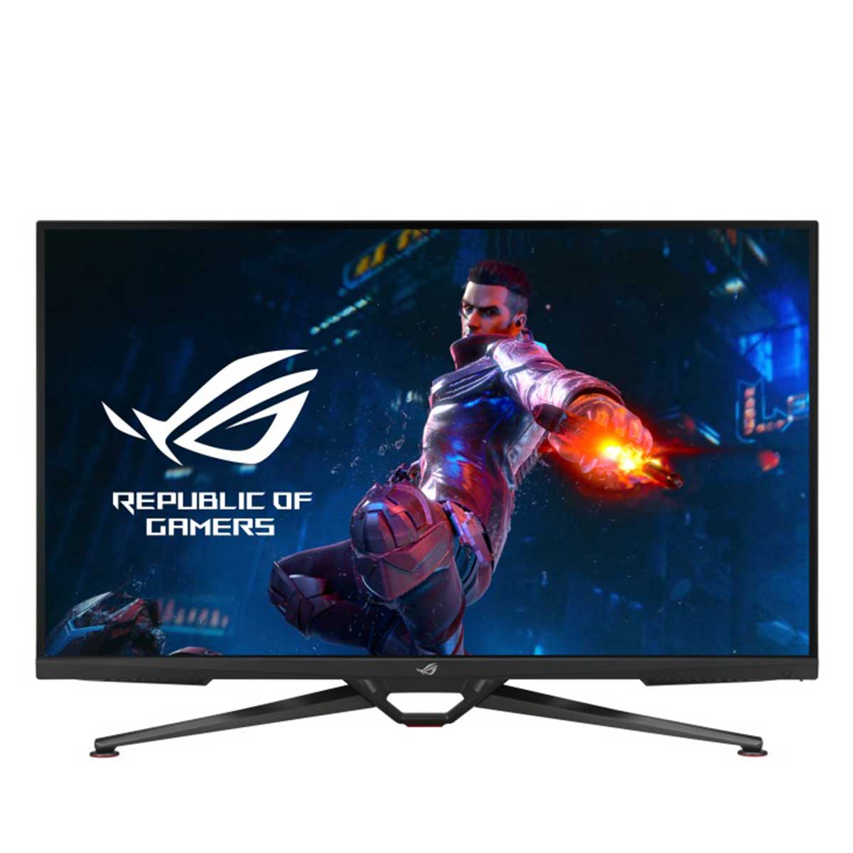Front view of ASUS ROG Swift PG38UQ 38-inch 4K UHD gaming monitor with slim black bezels and angular desktop stand