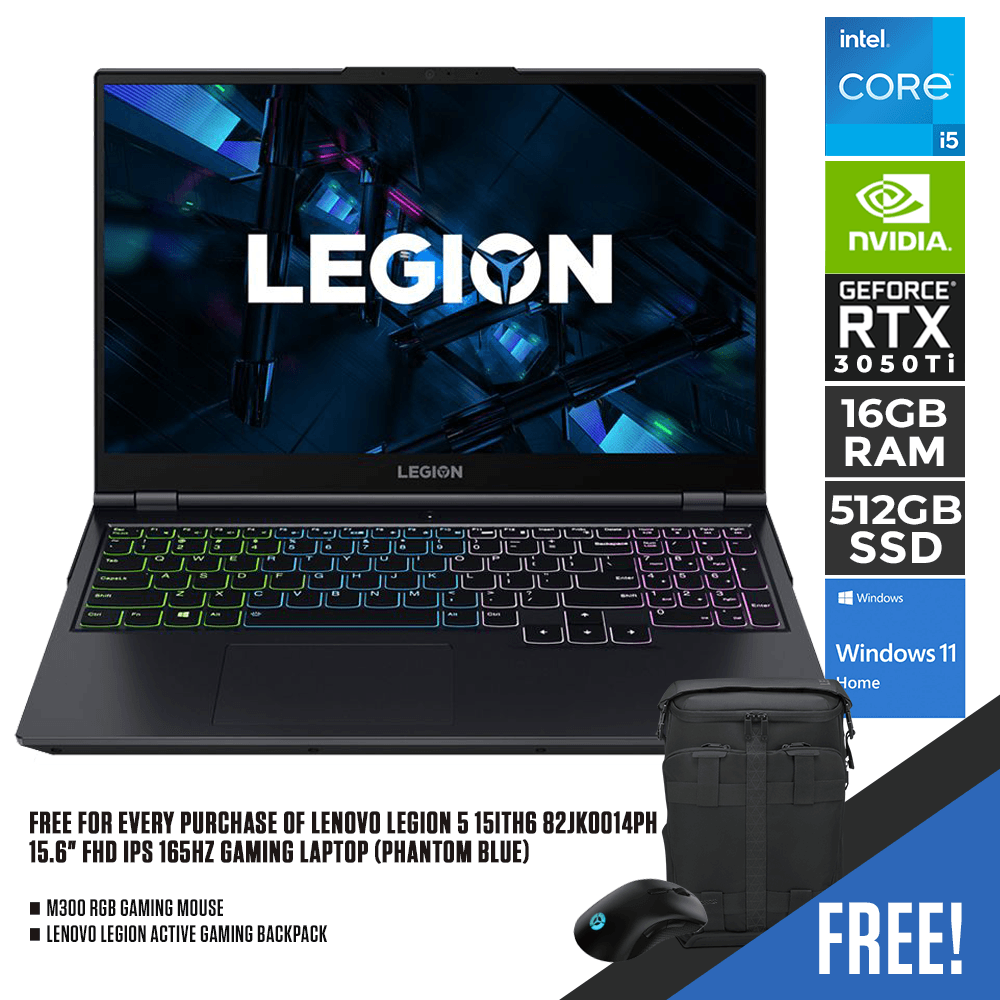Lenovo Legion 5i 15ITH6 Gaming Laptop (82JK0014PH, Phantom Blue) | 15.6" FHD IPS 165Hz | Intel Core i5-11400H | GeForce RTX 3050 Ti | 16GB DDR4 | 512GB NVMe SSD | Windows 11 Home + M300 RGB Mouse + Legion Active Backpack