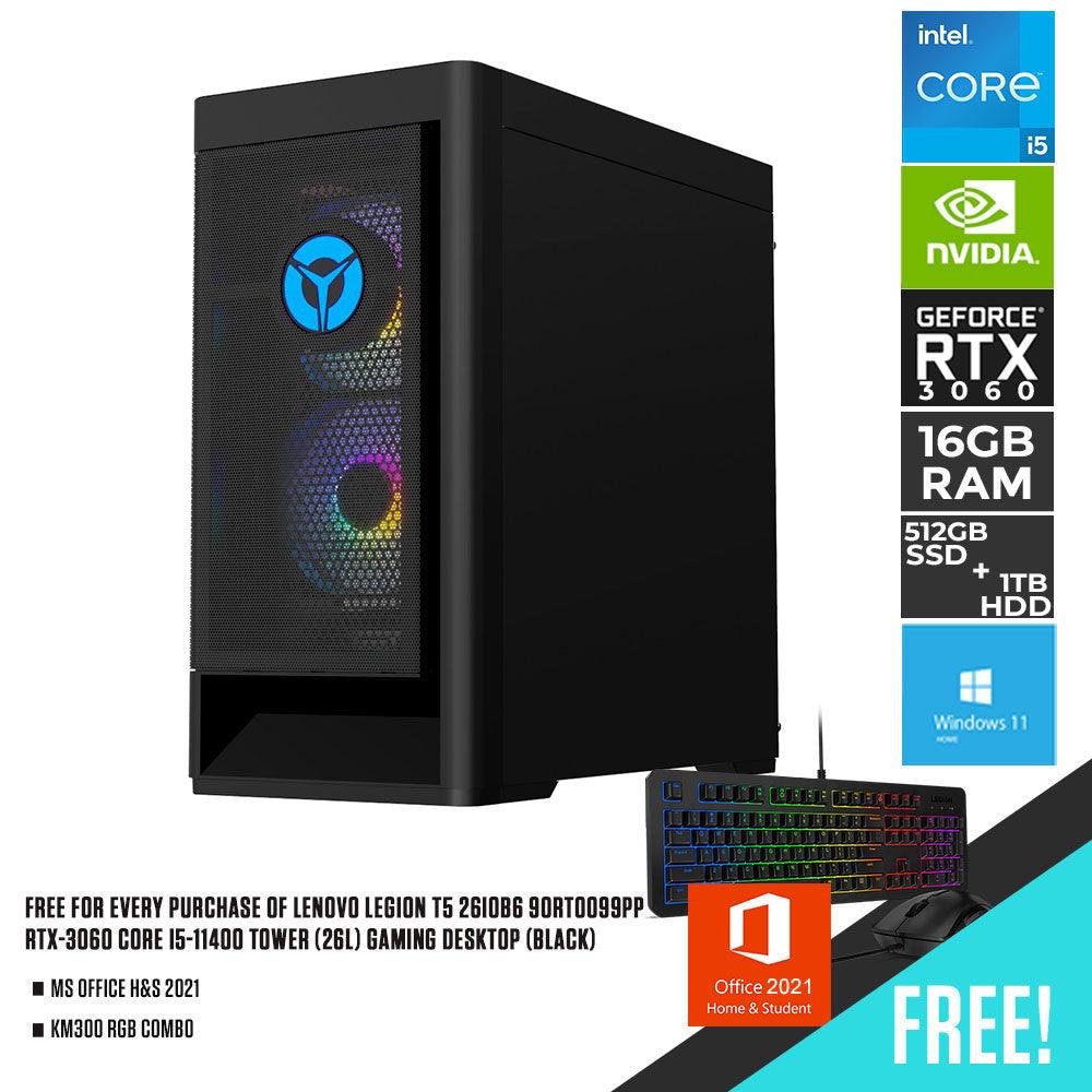 Black Lenovo Legion T5 gaming desktop tower with RGB keyboard and mouse combo