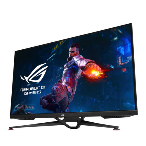 Front view of ASUS ROG Swift PG38UQ 38-inch 4K UHD gaming monitor with slim black bezels and angular desktop stand